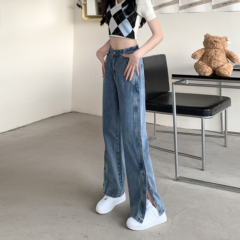 2022 New Arrival Summer Women Cotton Denim Split Design Ankle-length Pants Button Fly Waist Wide Leg Pants Casual Je